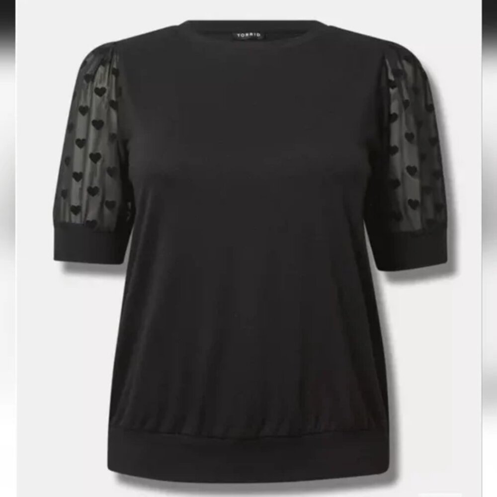 Torrid Black Lace Heart Sleeve Crewneck Top